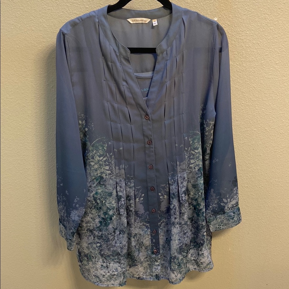 Soft Surroundings Cybele Tunic Periwinkle Floral Pintuck Pleats Blouse w/ Cami - Picture 8 of 16